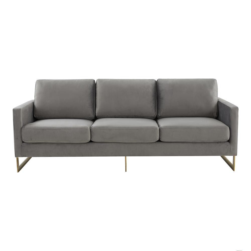 LeisureMod Lincoln Modern Mid-Century Upholstered Velvet Sofa with Gold Frame - Light Grey. Picture 3