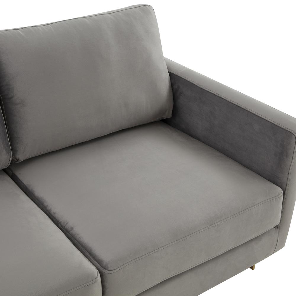 LeisureMod Lincoln Modern Mid-Century Upholstered Velvet Sofa with Gold Frame - Light Grey. Picture 4