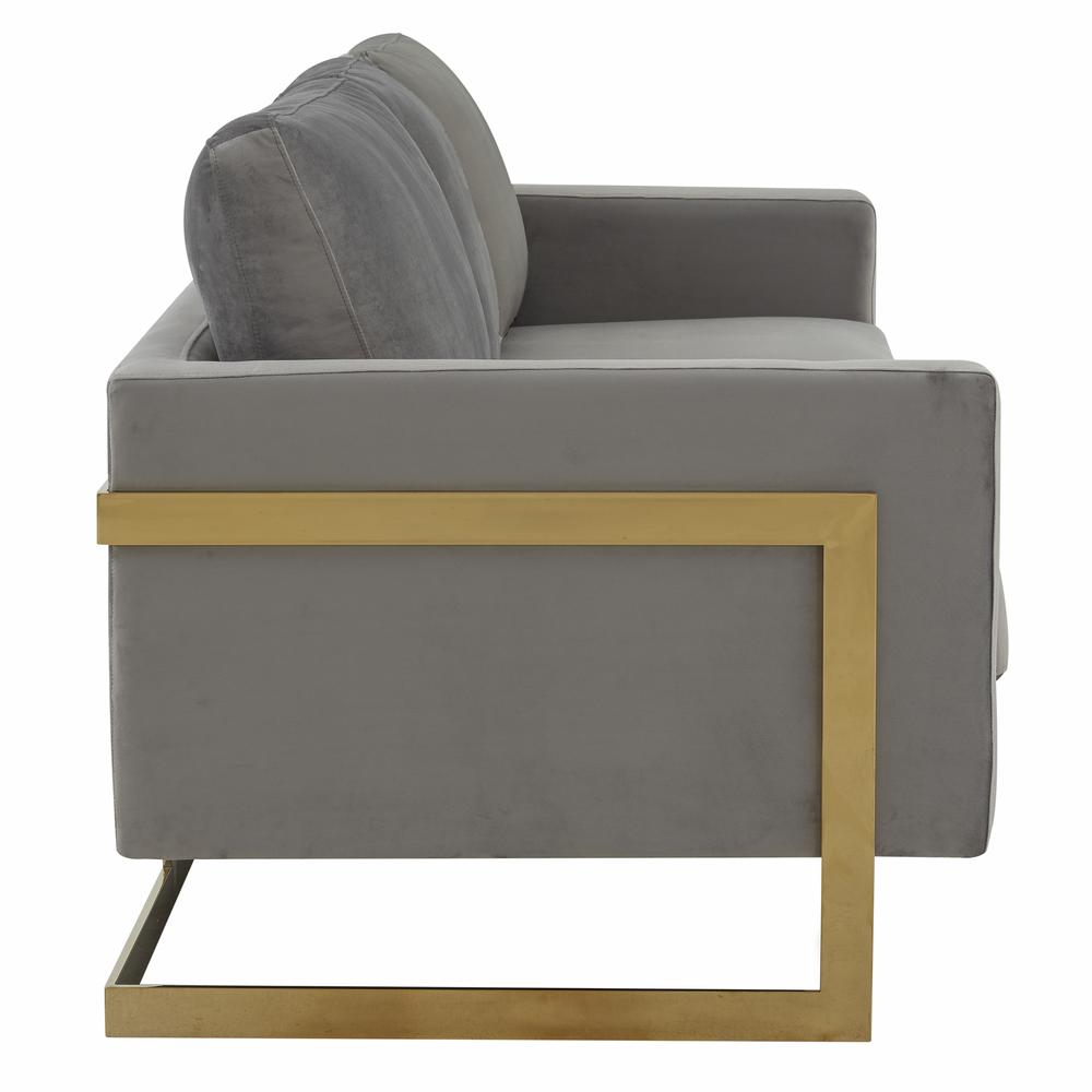 LeisureMod Lincoln Modern Mid-Century Upholstered Velvet Sofa with Gold Frame - Light Grey. Picture 7