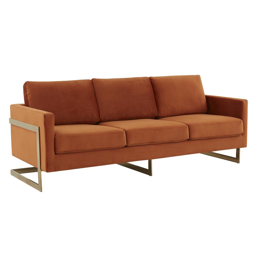 LeisureMod Lincoln Modern Mid-Century Upholstered Velvet Sofa with Gold Frame - Orange Marmalade. Picture 2