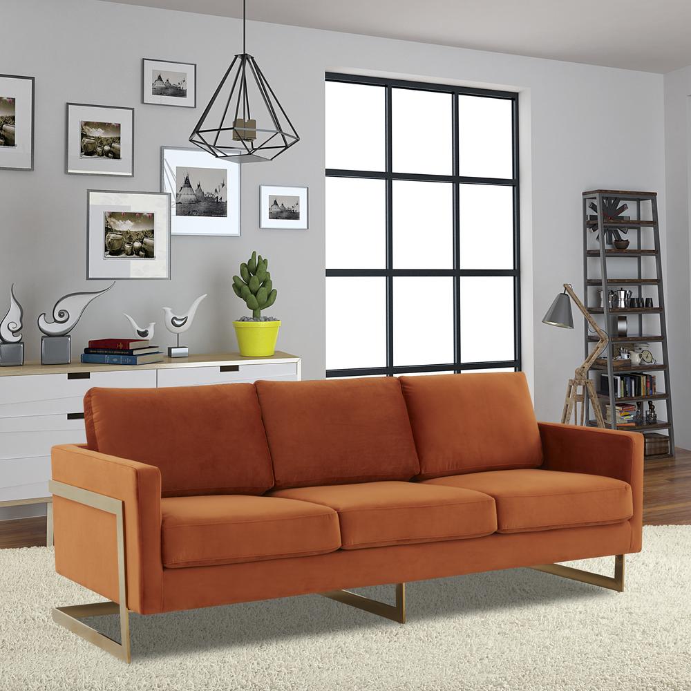 LeisureMod Lincoln Modern Mid-Century Upholstered Velvet Sofa with Gold Frame - Orange Marmalade. Picture 3