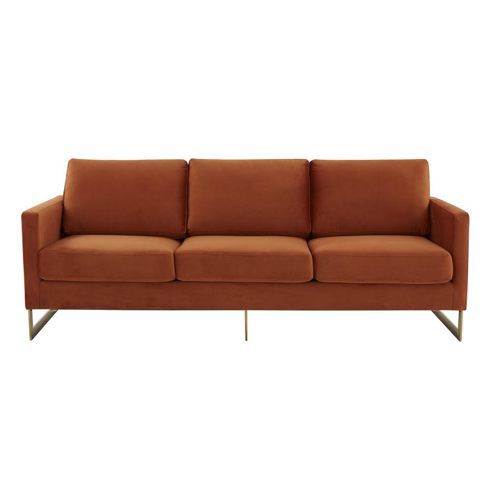 LeisureMod Lincoln Modern Mid-Century Upholstered Velvet Sofa with Gold Frame - Orange Marmalade. Picture 1