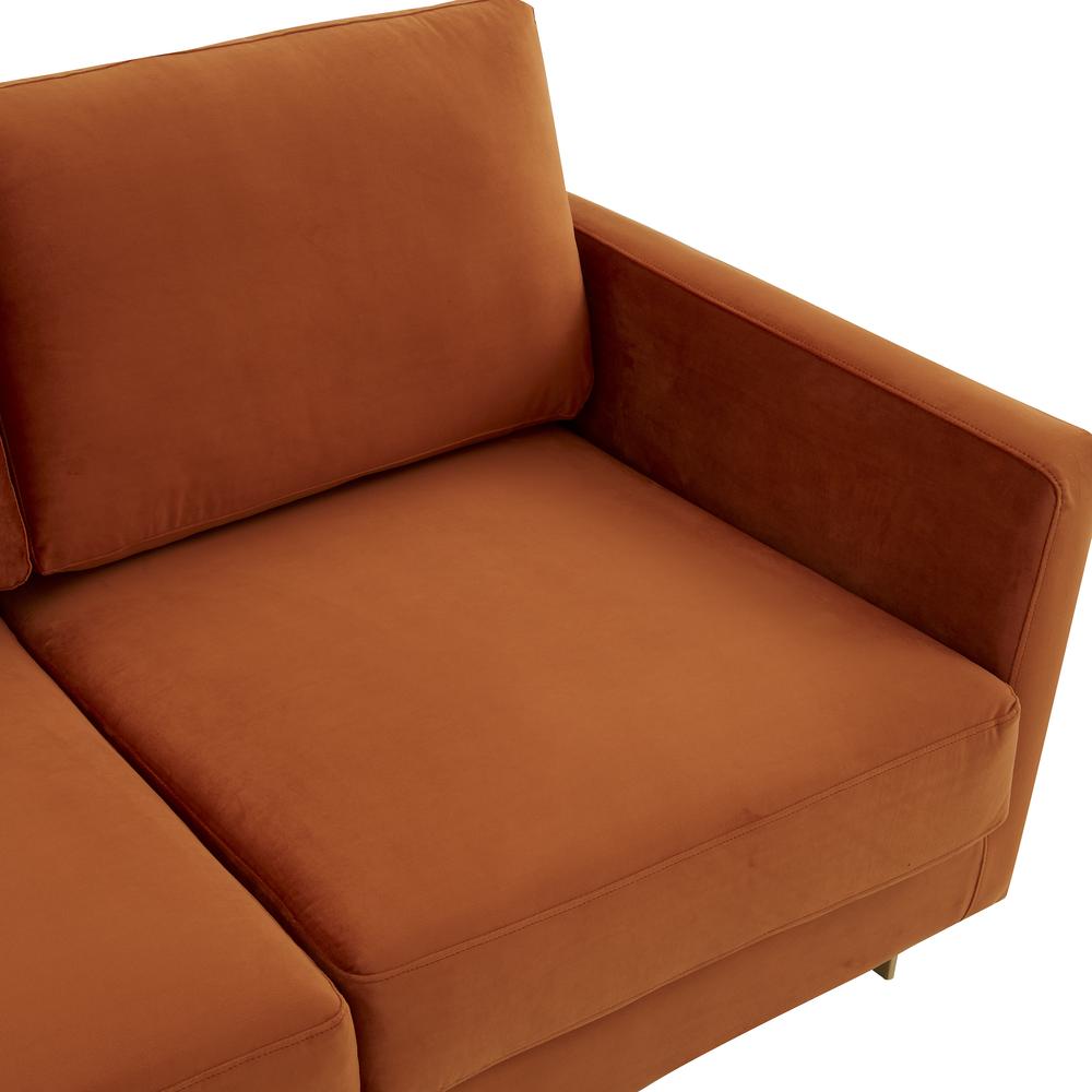 LeisureMod Lincoln Modern Mid-Century Upholstered Velvet Sofa with Gold Frame - Orange Marmalade. Picture 6