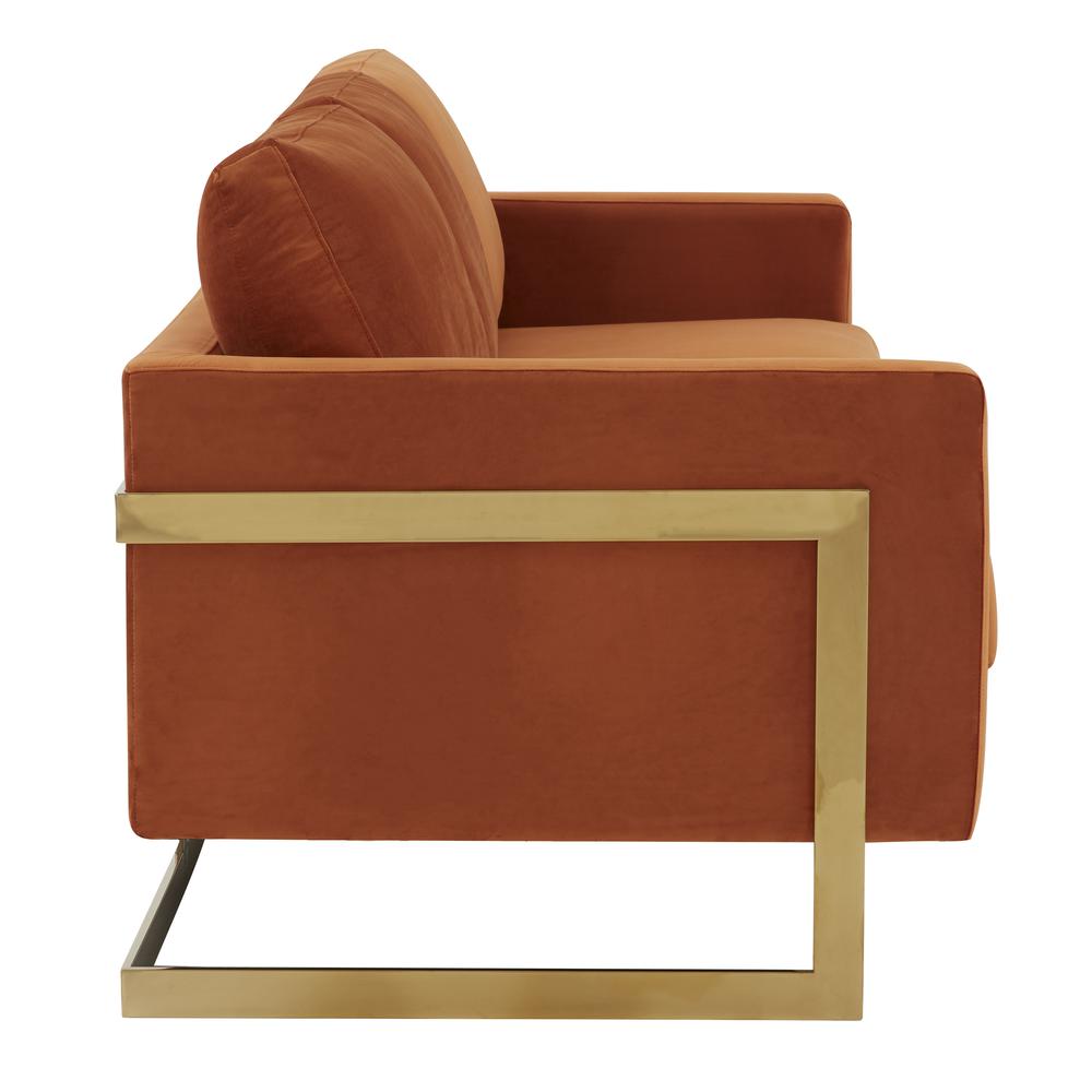 LeisureMod Lincoln Modern Mid-Century Upholstered Velvet Sofa with Gold Frame - Orange Marmalade. Picture 4