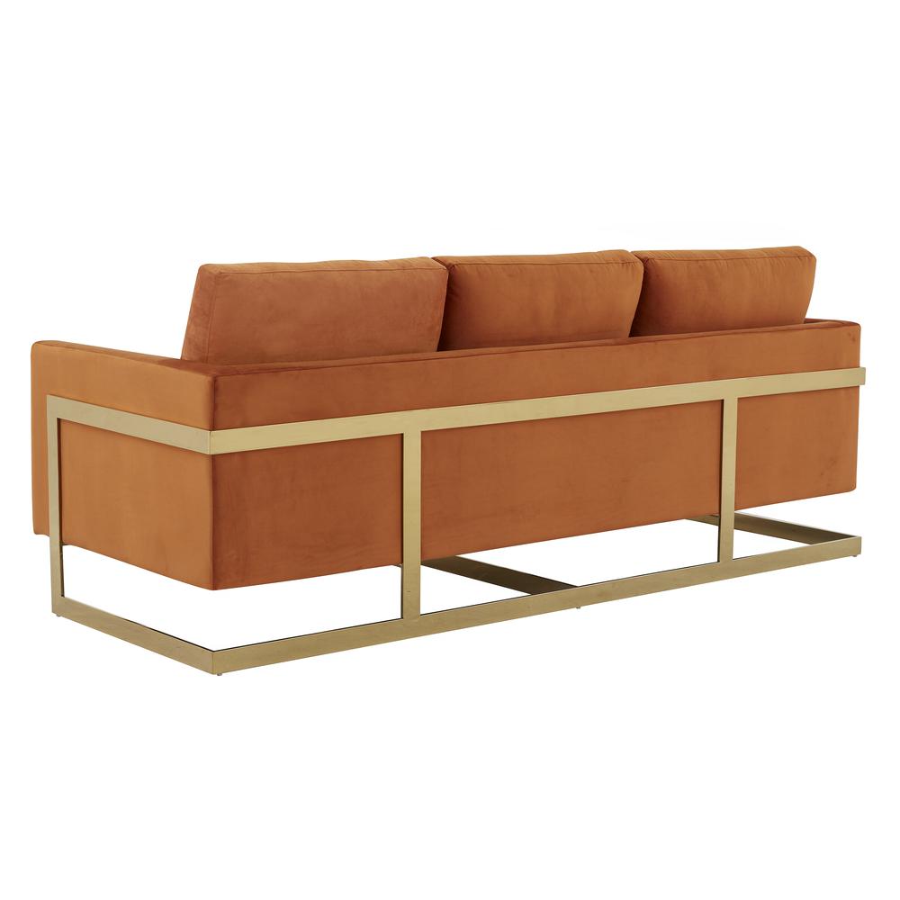 LeisureMod Lincoln Modern Mid-Century Upholstered Velvet Sofa with Gold Frame - Orange Marmalade. Picture 5
