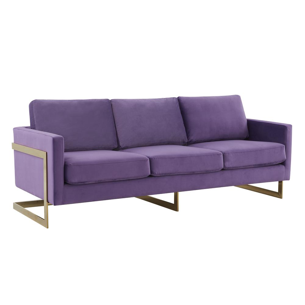 LeisureMod Lincoln Modern Mid-Century Upholstered Velvet Sofa with Gold Frame - Purple. Picture 1
