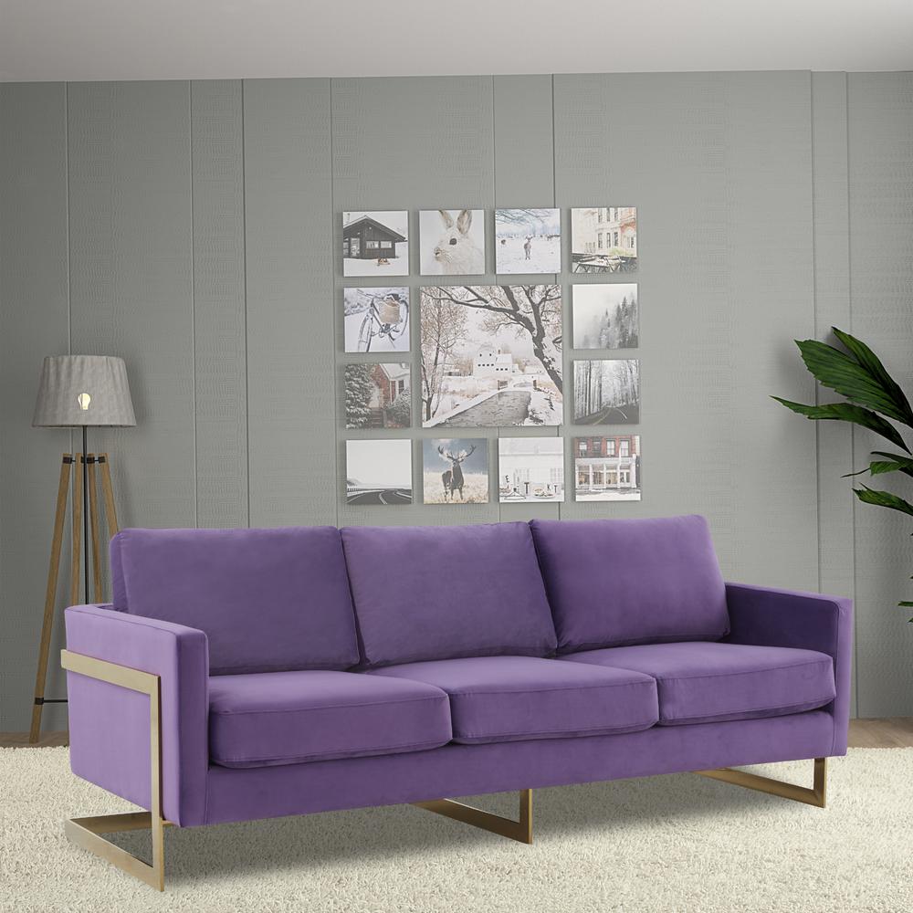LeisureMod Lincoln Modern Mid-Century Upholstered Velvet Sofa with Gold Frame - Purple. Picture 2