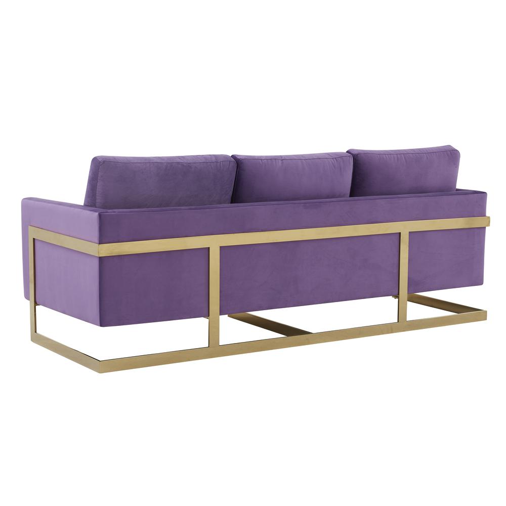LeisureMod Lincoln Modern Mid-Century Upholstered Velvet Sofa with Gold Frame - Purple. Picture 6