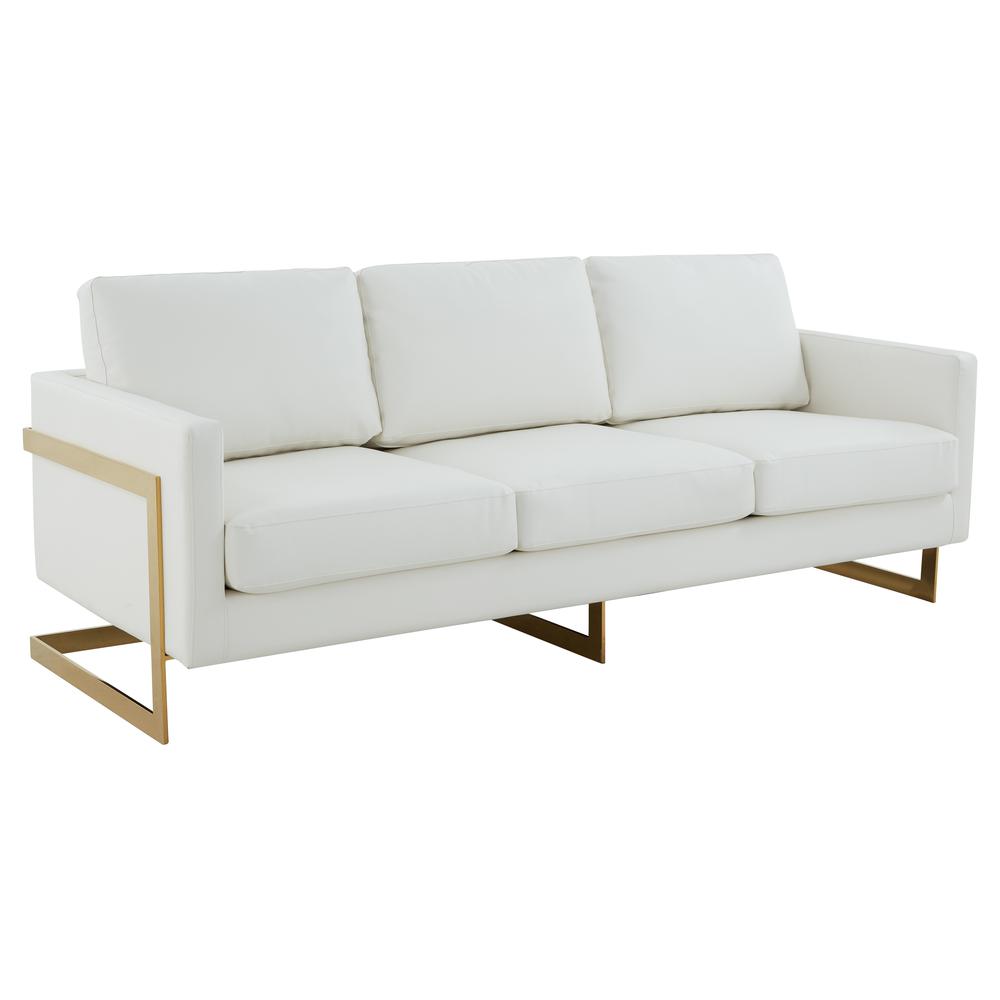 LeisureMod Lincoln Modern Mid-Century Upholstered Leather Sofa with Gold Frame - White. Picture 1