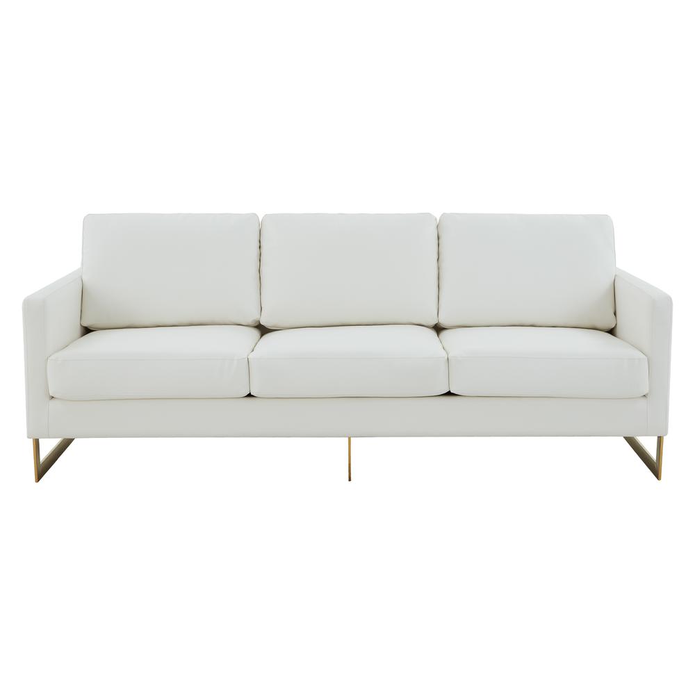 LeisureMod Lincoln Modern Mid-Century Upholstered Leather Sofa with Gold Frame - White. Picture 2