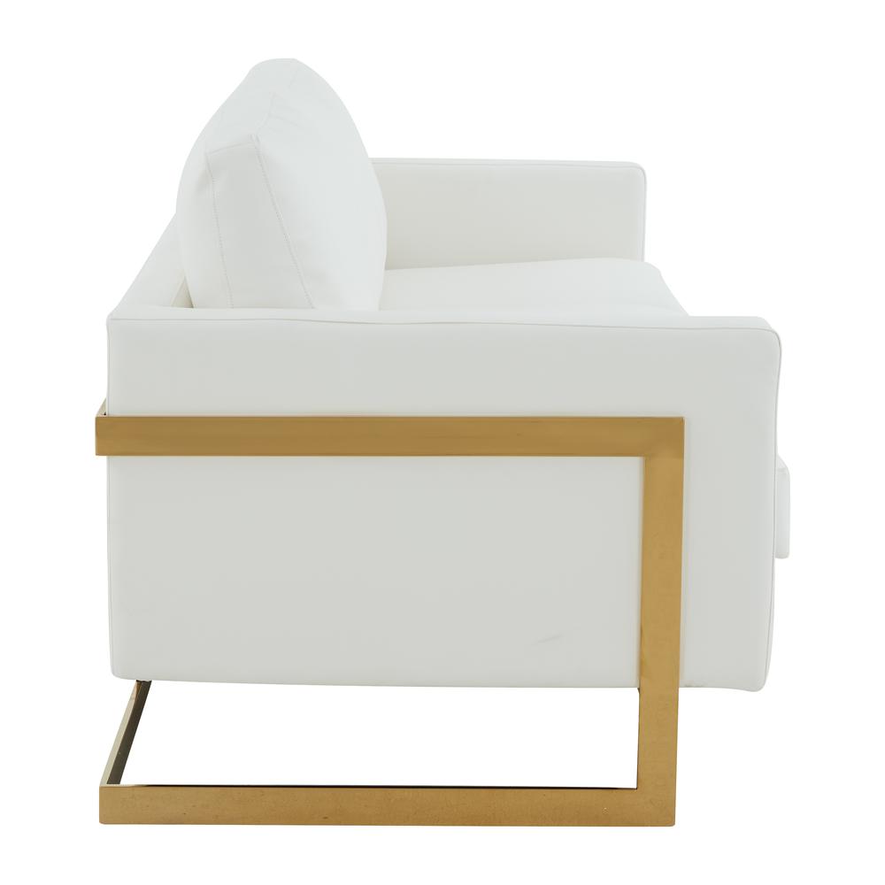 LeisureMod Lincoln Modern Mid-Century Upholstered Leather Sofa with Gold Frame - White. Picture 4