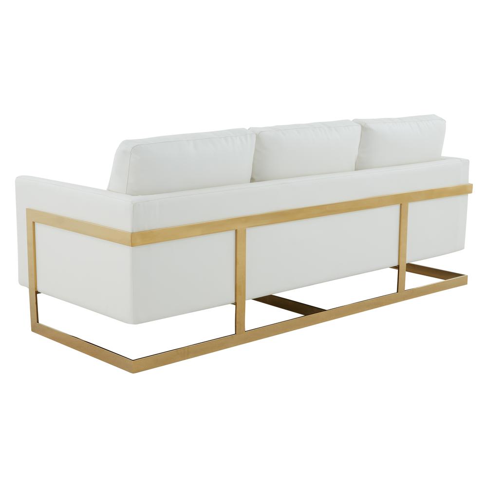 LeisureMod Lincoln Modern Mid-Century Upholstered Leather Sofa with Gold Frame - White. Picture 5