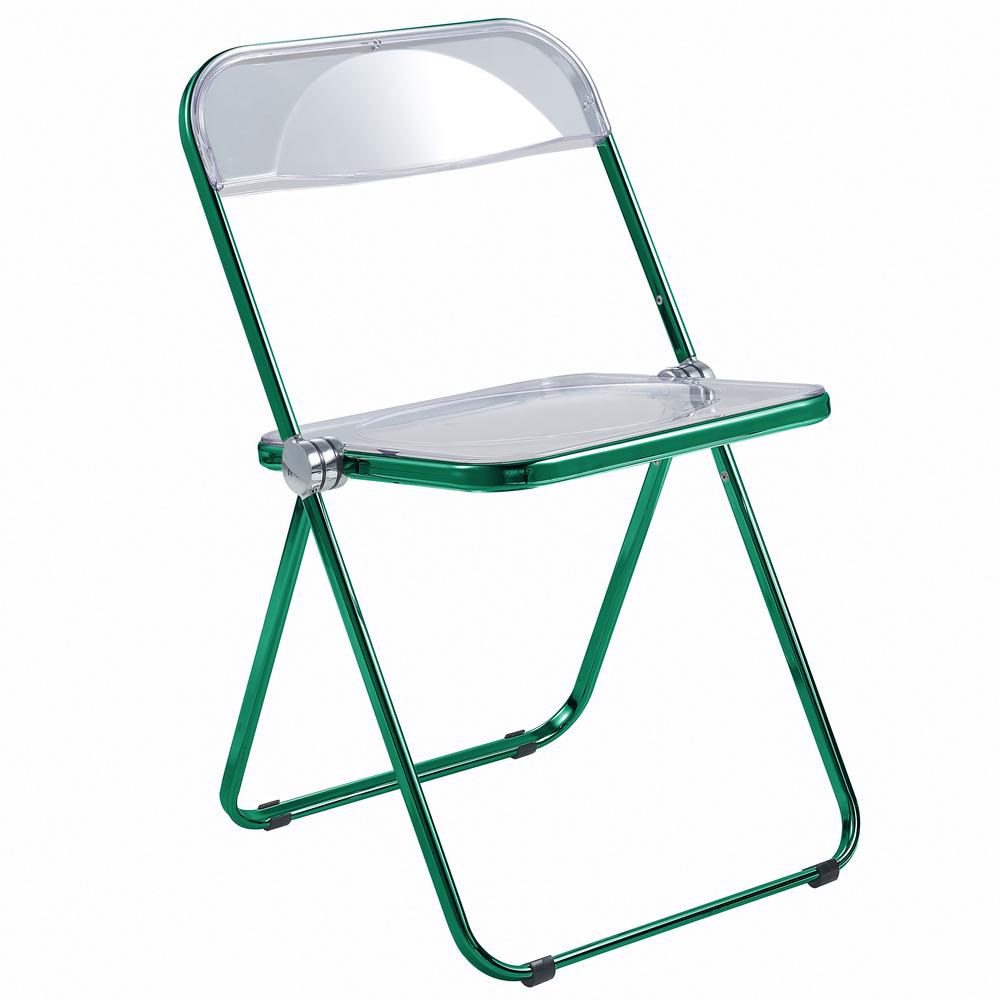 Lawrence Acrylic Folding Chair With Green Metal Frame. Picture 1