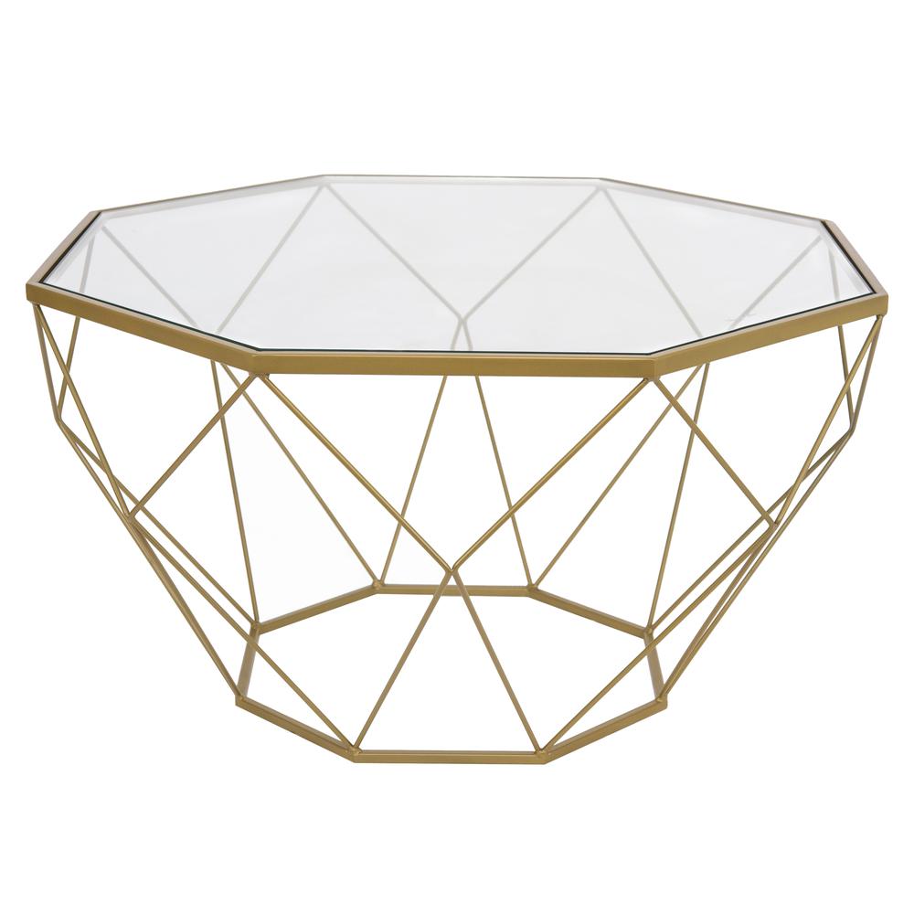 Malibu Large Modern Octagon Glass Top Coffee Table With Gold Chrome Base. Picture 1