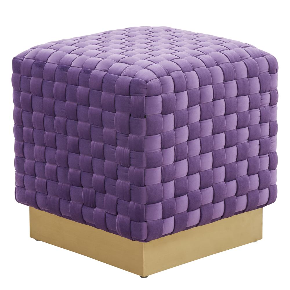 Myrtle 19" Square Weave Design Velvet Ottoman With Gold Base. Picture 1