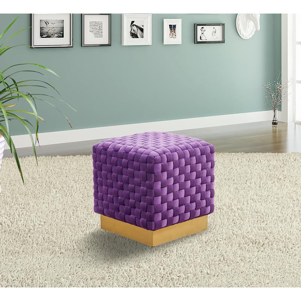 Myrtle 19" Square Weave Design Velvet Ottoman With Gold Base. Picture 4