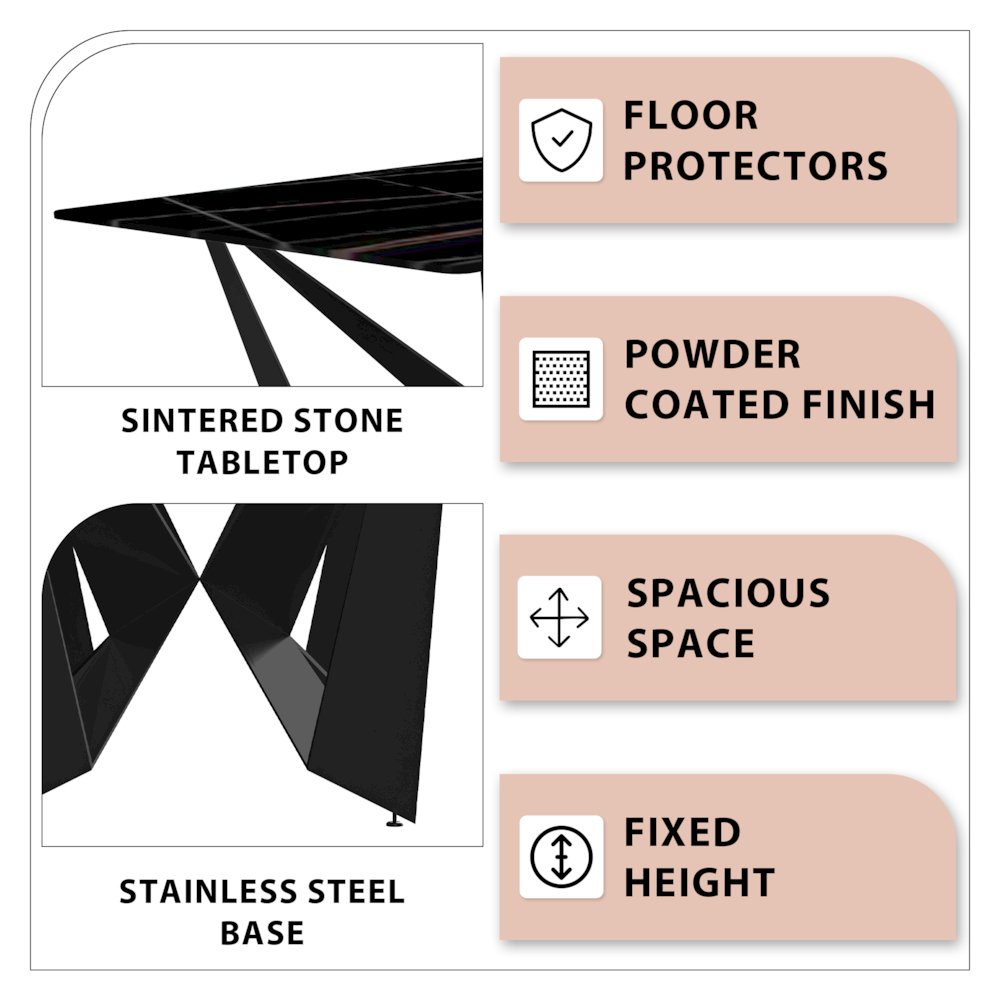 Modern Dining Table Black Base, With 55 Black/Gold Sintered Stone Top. Picture 4