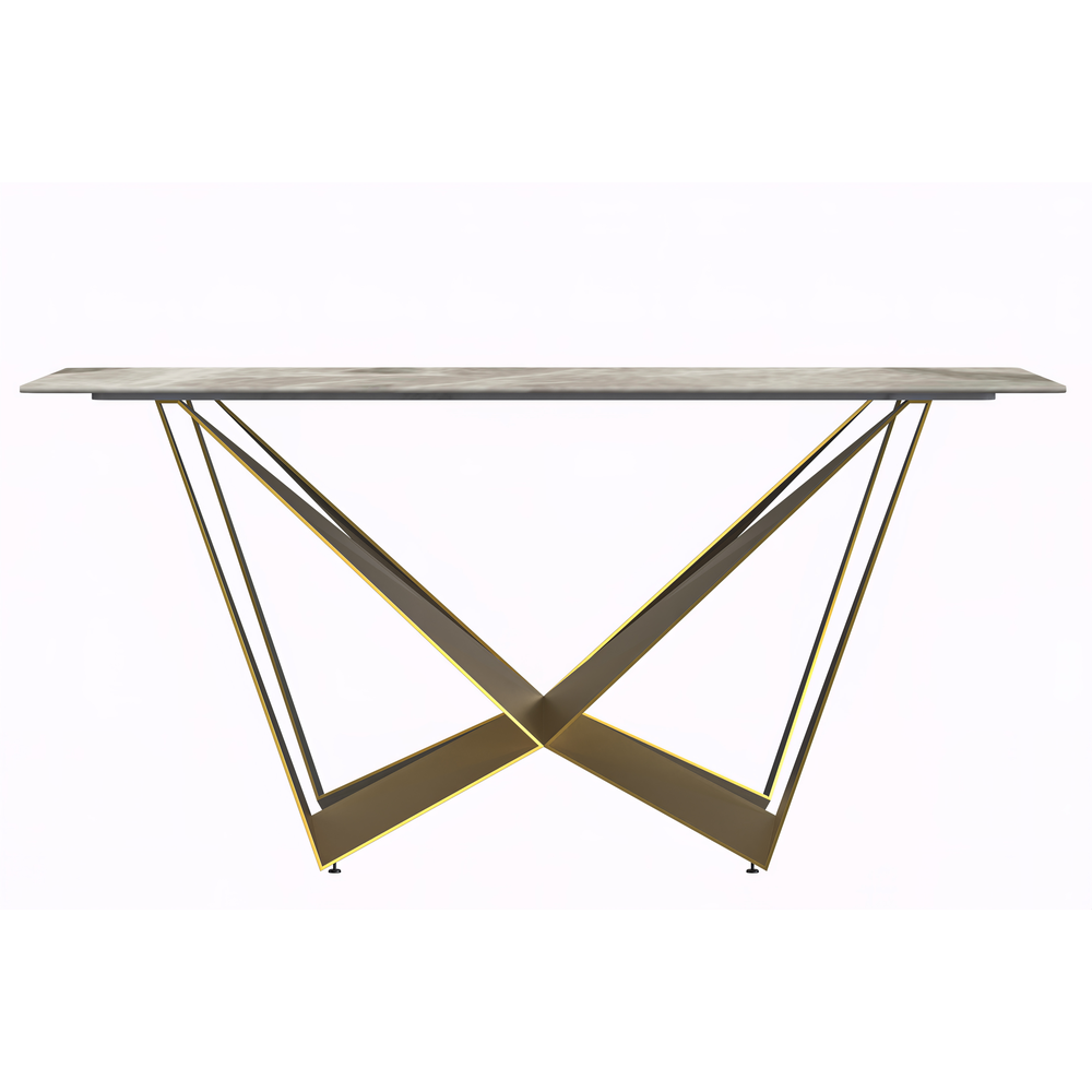 Modern Dining Table with a 55" Rectangular Top and Gold Steel Base. Picture 6