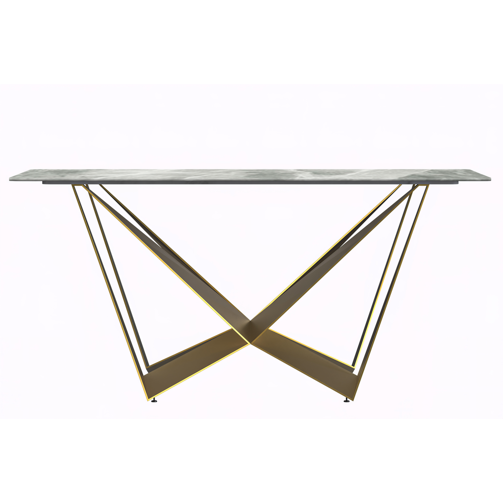 Modern Dining Table with a 55" Rectangular Top and Gold Steel Base. Picture 6