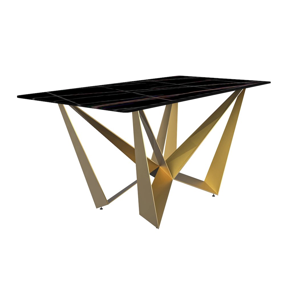 Modern Dining Table Gold Base, With 62 Black/Gold Sintered Stone Top. Picture 1