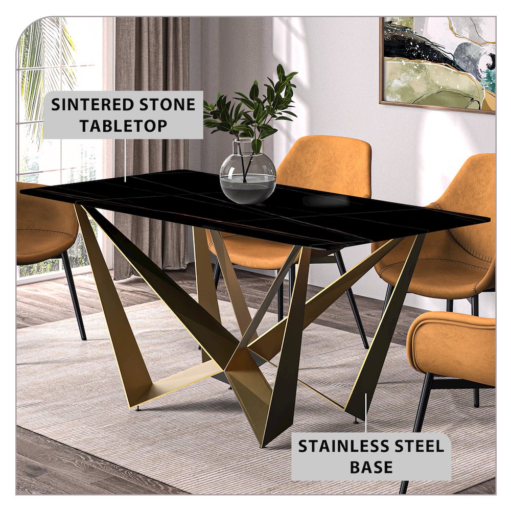 Modern Dining Table Gold Base, With 62 Black/Gold Sintered Stone Top. Picture 3