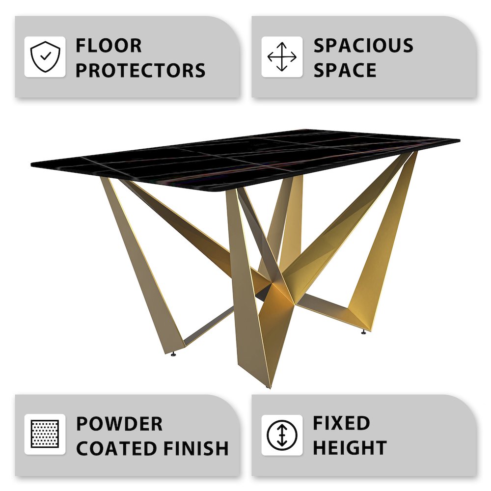 Modern Dining Table Gold Base, With 62 Black/Gold Sintered Stone Top. Picture 4