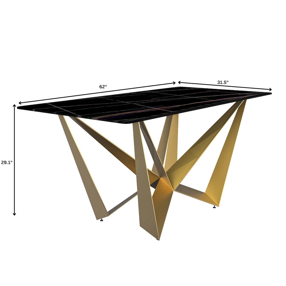 Modern Dining Table Gold Base, With 62 Black/Gold Sintered Stone Top. Picture 9