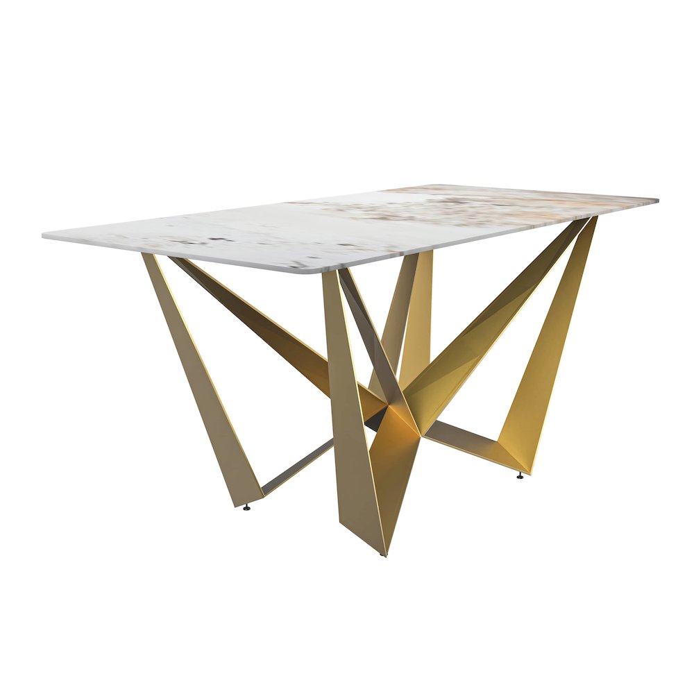 Modern Dining Table Gold Base, With 62 White Grey Sintered Stone Top. Picture 1