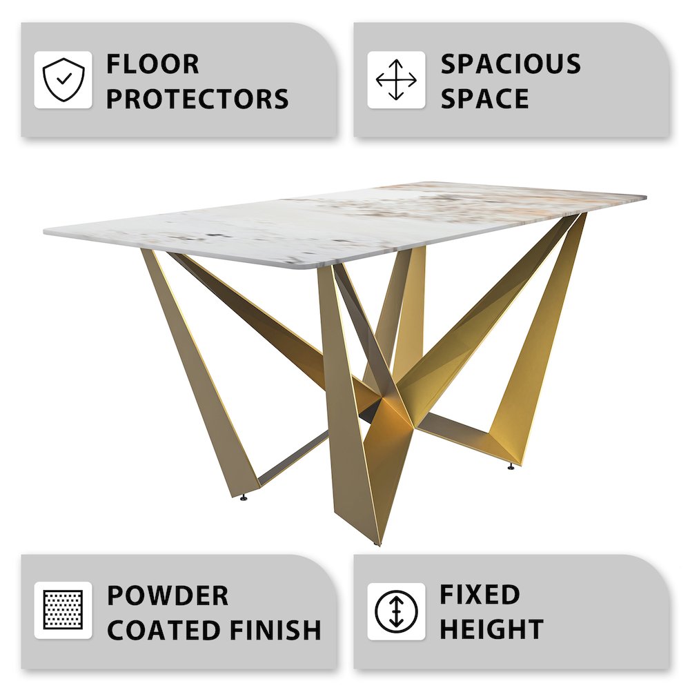 Modern Dining Table Gold Base, With 62 White Grey Sintered Stone Top. Picture 4