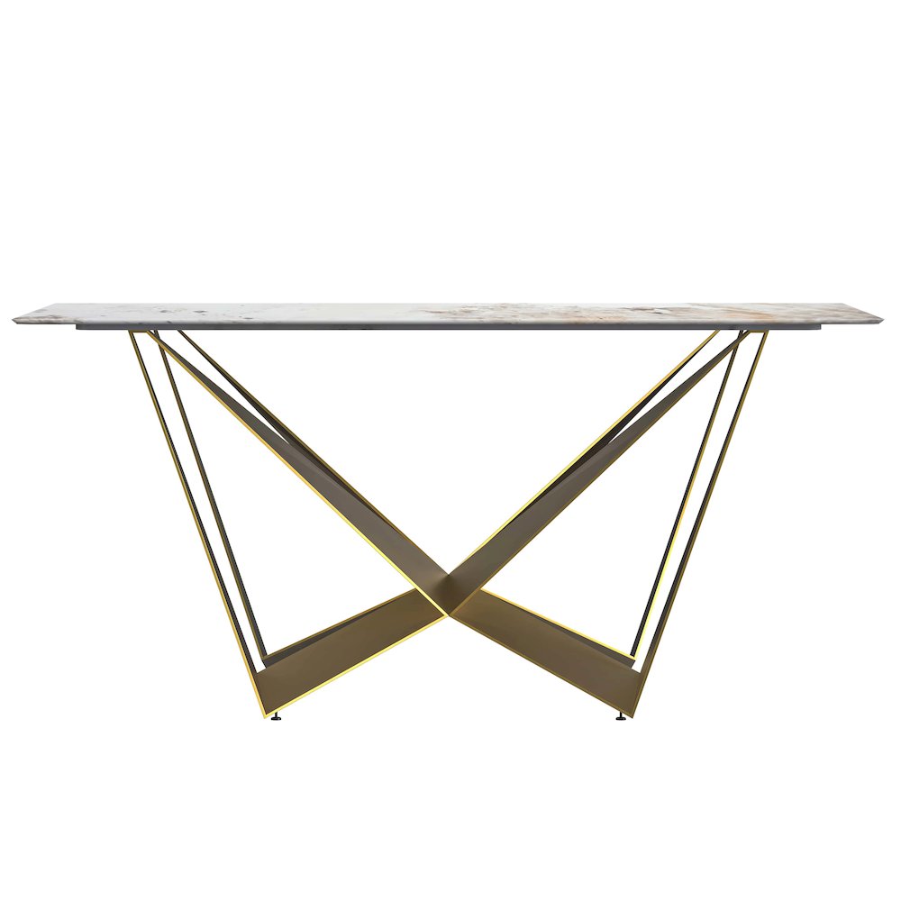 Modern Dining Table Gold Base, With 62 White Grey Sintered Stone Top. Picture 6