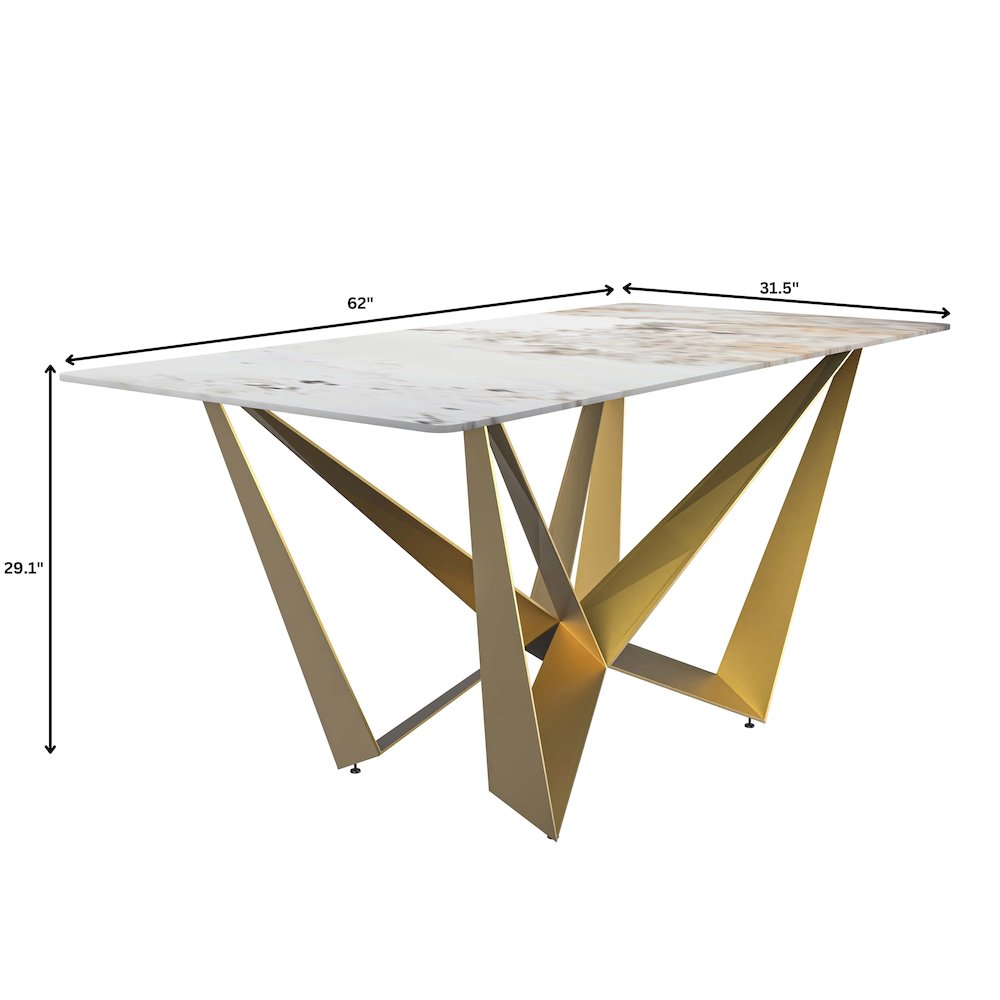 Modern Dining Table Gold Base, With 62 White Grey Sintered Stone Top. Picture 9