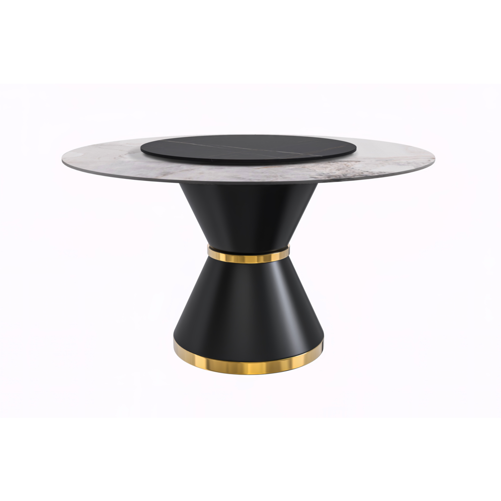 Round Dining Table Black\Gold Base with 60 Round White Grey Sintered Stone Top. Picture 3