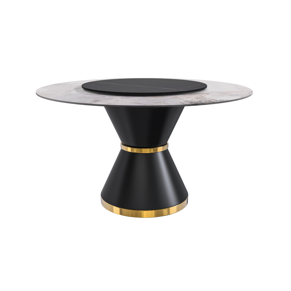 Round Dining Table Black\Gold Base with 60 Round White Grey Sintered Stone Top. Picture 6
