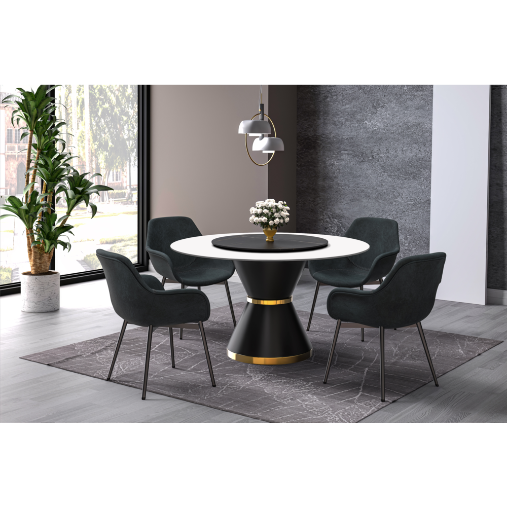 Round Dining Table Black\Gold Base with 60 Round Solid White Sintered Stone Top. Picture 9