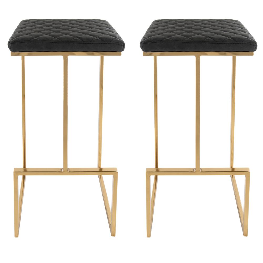 LeisureMod Quincy Leather Bar Stools With Gold Metal Frame Set of 2 Charcoal Black. Picture 1