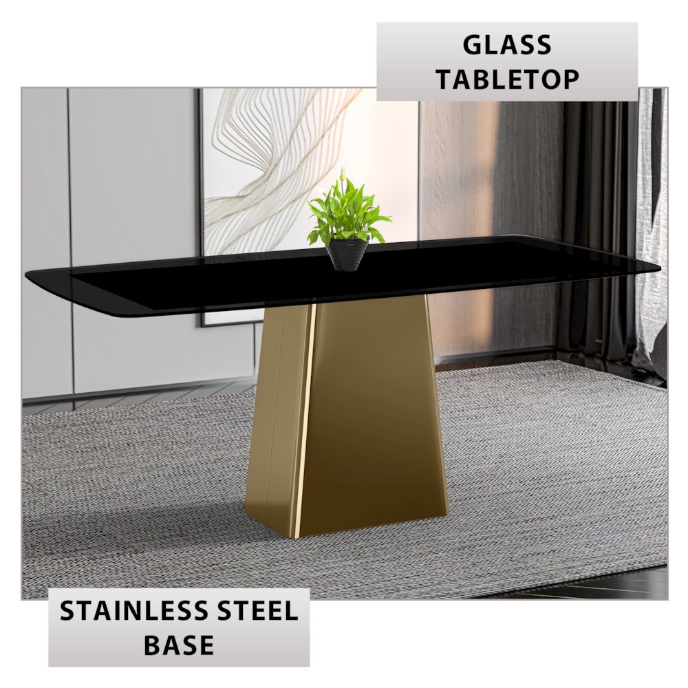 Quinix Series Dining Table, Gold Base With 55" Black Glass Top. Picture 4