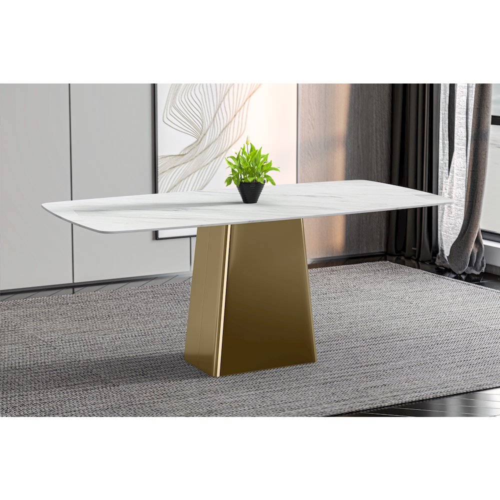 Quinix Series Dining Table, Gold Base With 55" White Sintered Stone Top. Picture 2