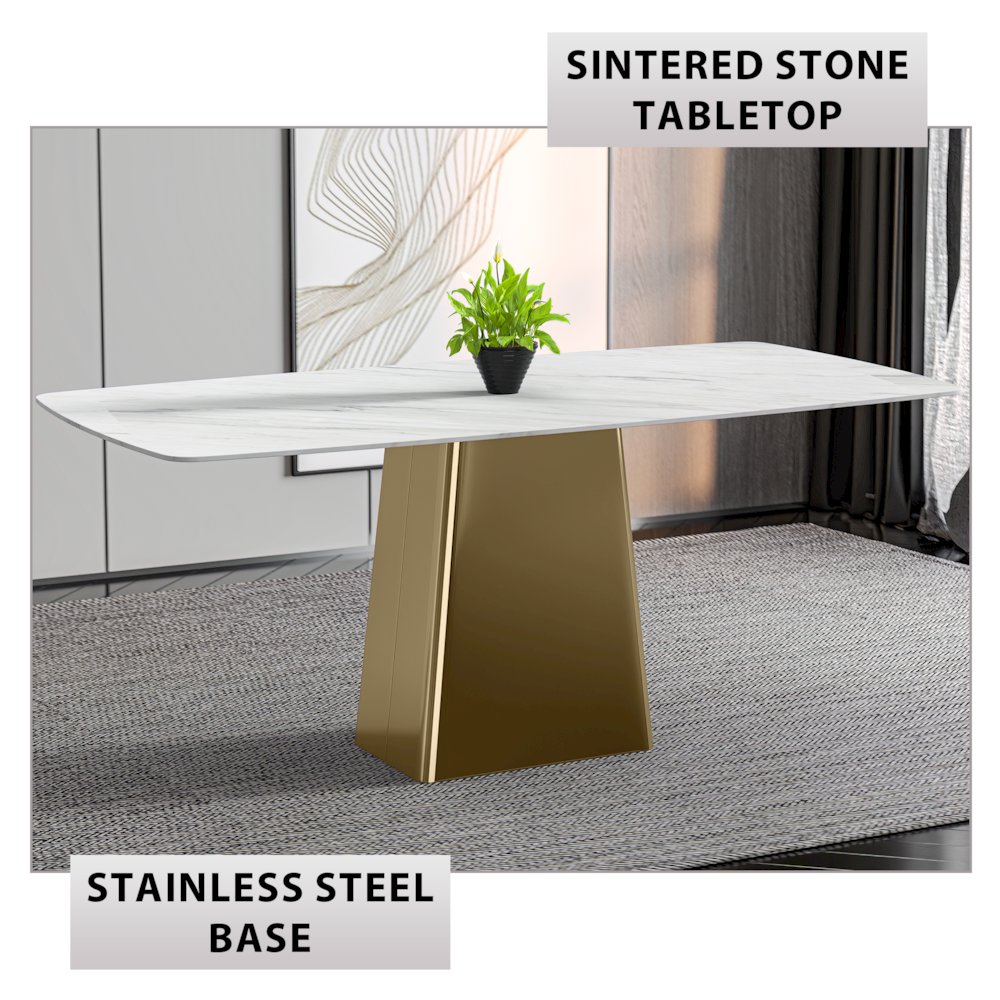 Quinix Series Dining Table, Gold Base With 55" White Sintered Stone Top. Picture 4