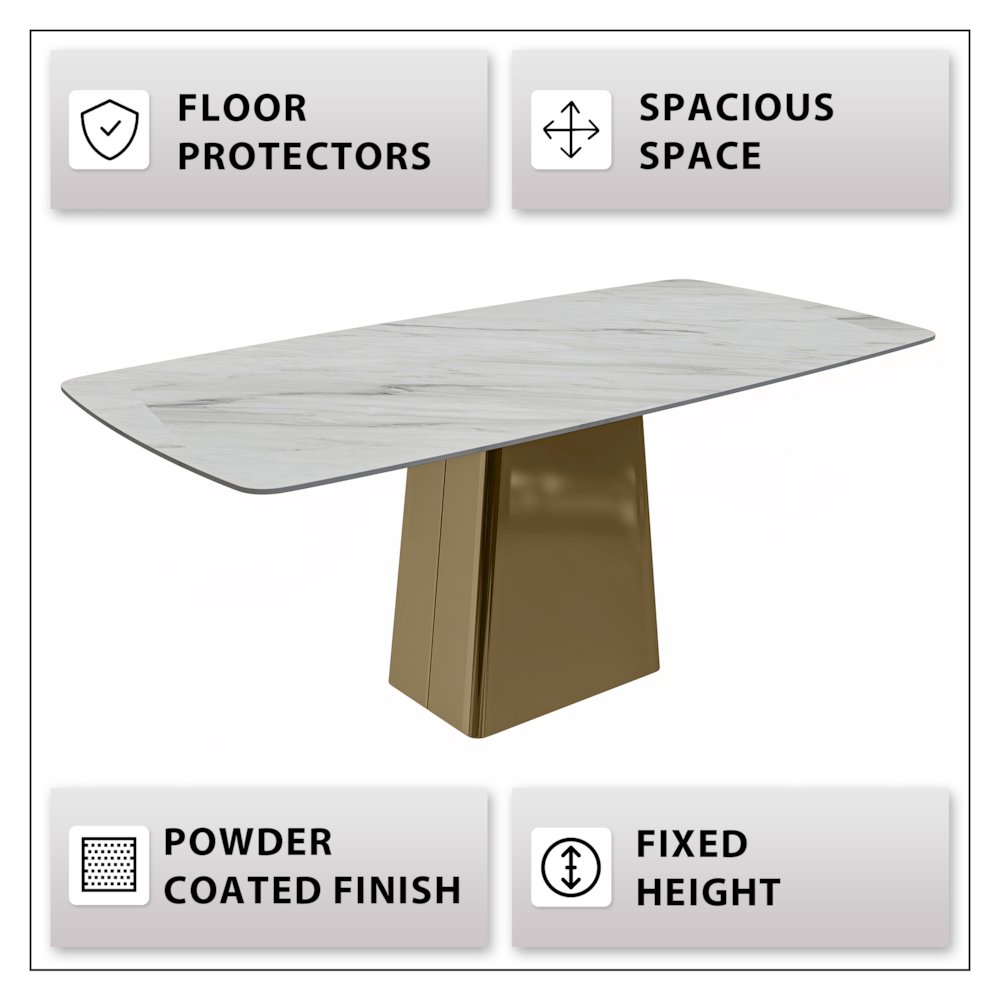 Quinix Series Dining Table, Gold Base With 55" White Sintered Stone Top. Picture 5