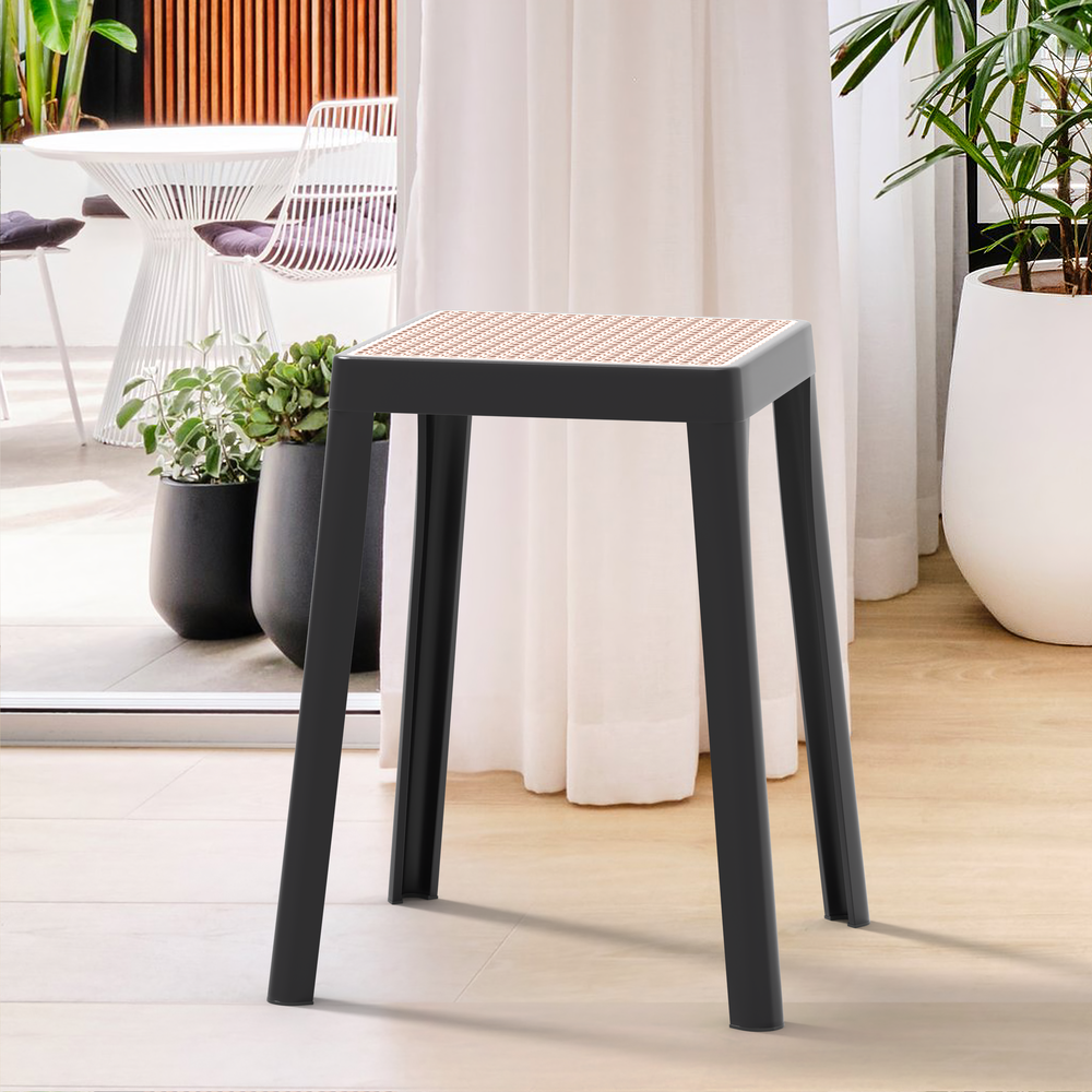 Tresse Series Stackable Poly Stool With Wicker Top 12 in Black. Picture 6