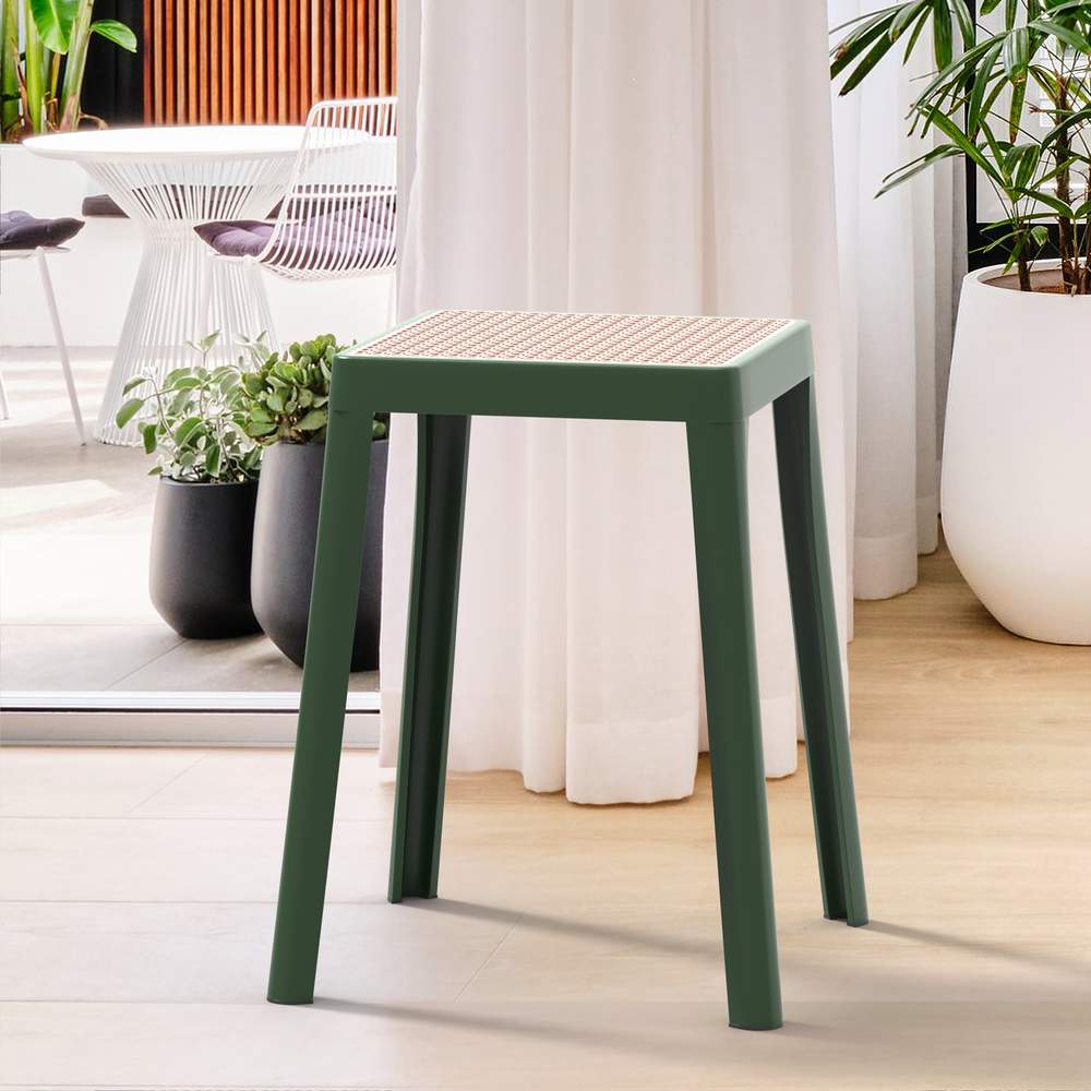 Tresse Series Stackable Poly Stool With Wicker Top 12 in Green. Picture 6