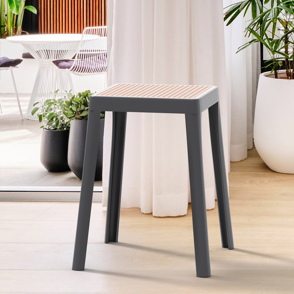 Tresse Series Stackable Poly Stool With Wicker Top 12 in Grey. Picture 6