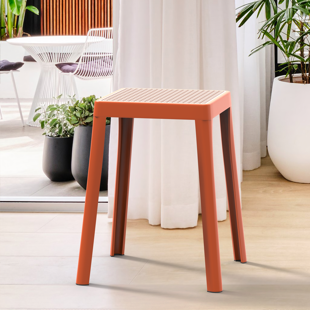 Tresse Series Stackable Poly Stool With Wicker Top 12 in Orange. Picture 6