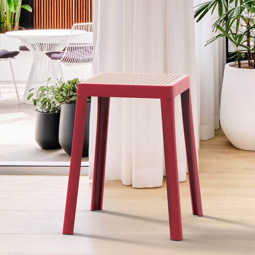 Tresse Series Stackable Poly Stool With Wicker Top 12 in Red. Picture 6