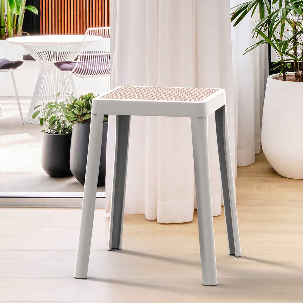Tresse Series Stackable Poly Stool With Wicker Top 12 in White. Picture 6