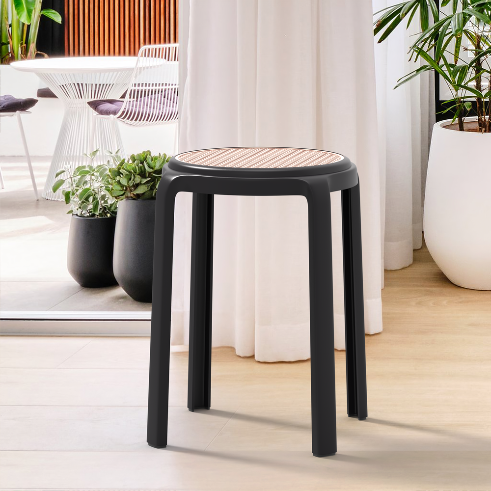 Tresse Series Stackable Round Poly Stool With Wicker Top 13 in Black. Picture 6