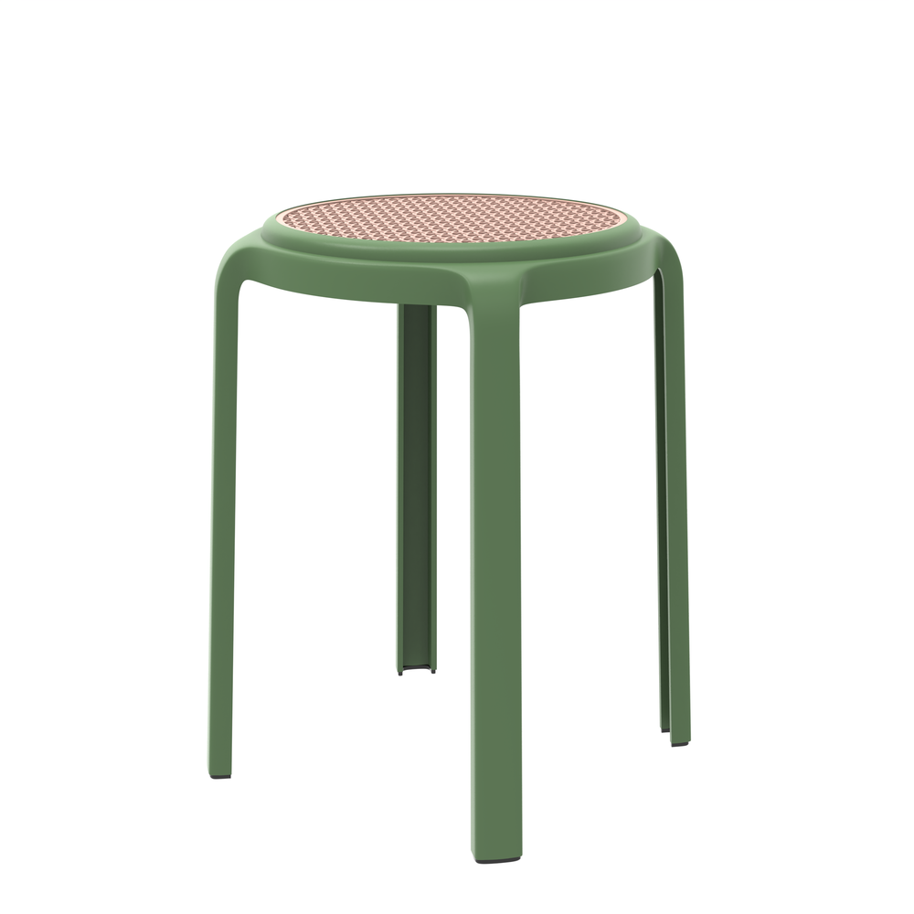 Tresse Series Stackable Round Poly Stool With Wicker Top 13 in Green. Picture 1