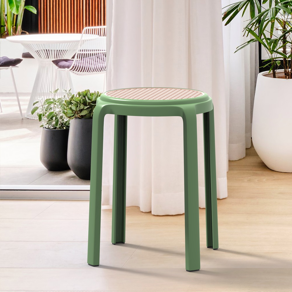 Tresse Series Stackable Round Poly Stool With Wicker Top 13 in Green. Picture 6