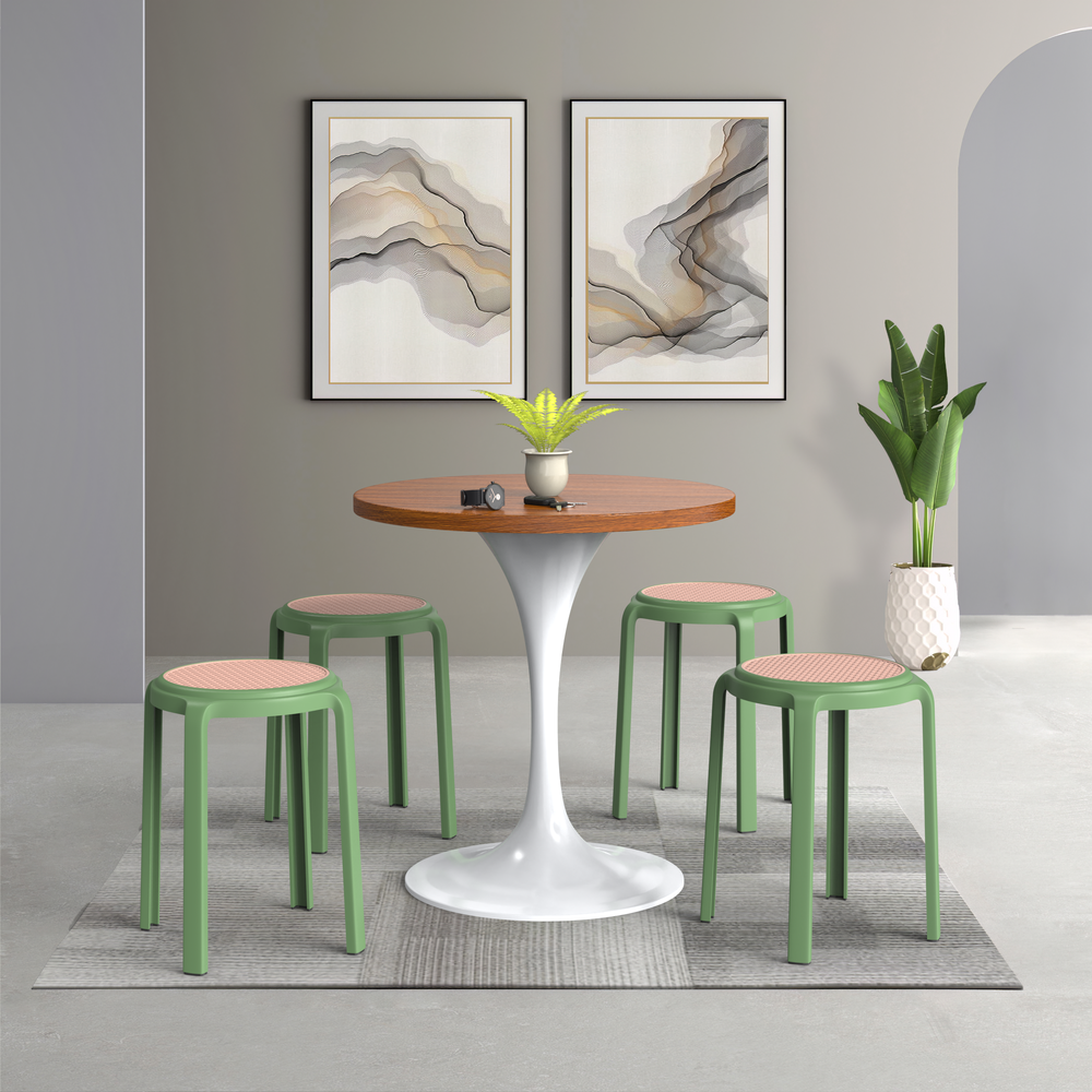 Tresse Series Stackable Round Poly Stool With Wicker Top 13 in Green. Picture 7
