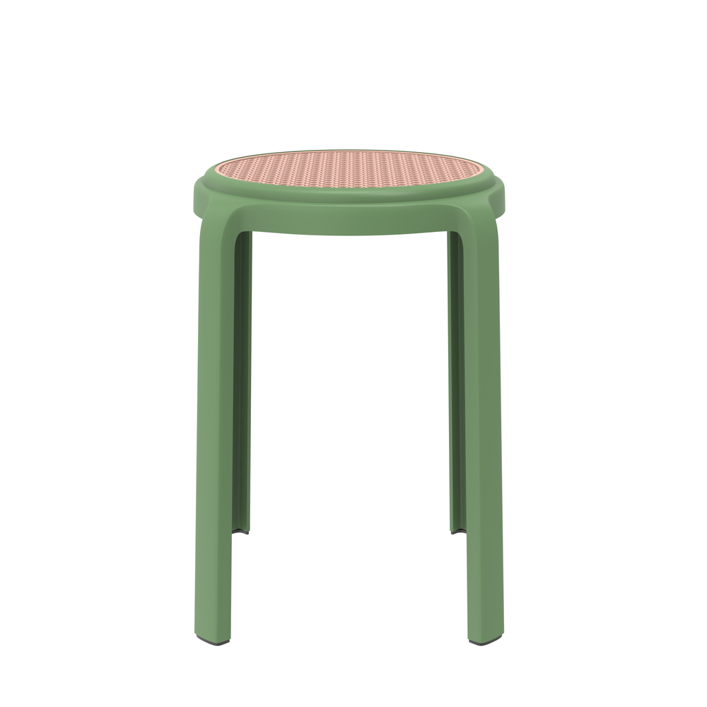 Tresse Series Stackable Round Poly Stool With Wicker Top 13 in Green. Picture 2